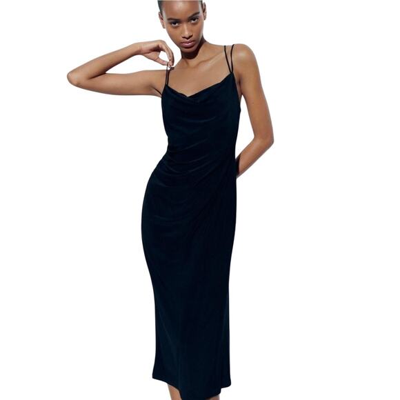 Zara Dresses & Skirts - Zara LittleBlackDress Slip Slinky Cowl Draped Neck Open Back Midi L Minimalist